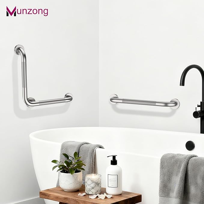 16 Inch Anti Slip Angled Shower Grab Bars with Munzong 20 Inch Stainless Steel Bathroom Grab Bar Brushed Nickel Toilet Handicap Grab Rail Knurled Safety Handle Support Elderly Injury Senior Bath