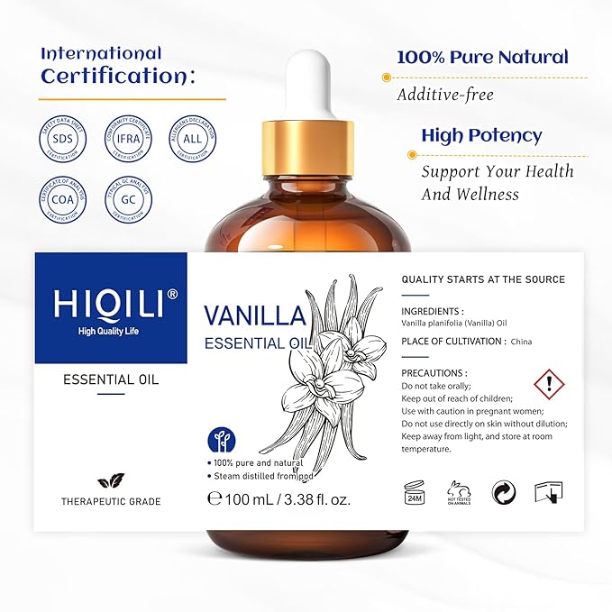 HIQILI Vanilla Essential Oil, Undiluted Natural Strong Fragrance Add in Skin Perfume, Unscented Lotion, Candle Soap Making Scent, Relax at Home with Diffuse Warm Sweet Aroma -100ML