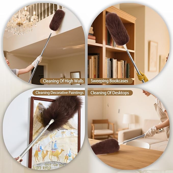 Extendable Lambswool Duster Stainless Steel Handle 133" Removable Feather Duster for Cleaning Ceiling Fans Interior Roof Furniture, Brown