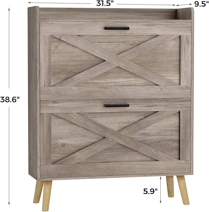 Homleke 32" W Farmhouse Shoe Storage Cabinet with 2 Flip Drawers and Barn Door Design, Adjustable Shelves, Modern Hidden Slim Narrow Shoe Rack Cabinet for Entryway, Foyer, Hallway, Living Room, Greige