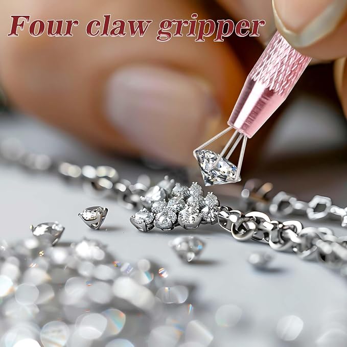 2 PCS Piercing Ball Grabber Tool Diamond Claw Tweezers Piercing Assistant Pen Stainless Steel Jeweler Pick Up Tool 4 Claw Gem Picker Tool Pink Chip Pick for Small Parts Pickup