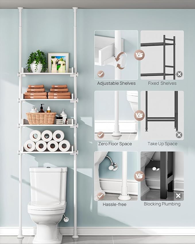 ALLZONE Bathroom Organizer, Over The Toilet Storage, 4-Tier Adjustable Wood Shelves for Small Rooms, Saver Space Rack, Narrow Cabinet, 92 to 116 Inches Tall, White