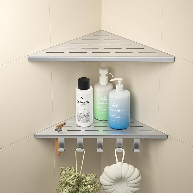 Corner Shower Shelf w/Hooks, Grout in Bathroom Shelves for Tiled Wall, 304 Stainless Steel Recessed Shower Shelf (Brushed, 12''-2pcs)