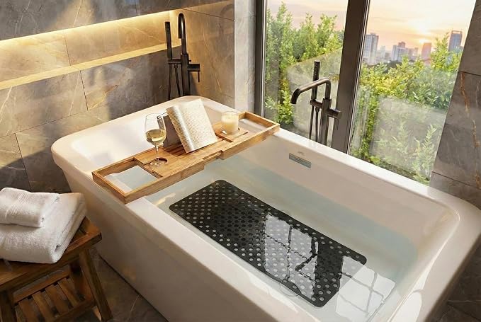 Nonslip Bath Tub Shower Mat with Suction Cups, Extra Soft TPE Bath Mat for Kids, Bathtub Bathroom Mats, Machine Washable, Smooth/Non-Textured Tubs Only, 35L x 16W Inch(Black)