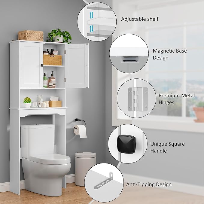 RRX Over The Toilet Storage Cabinet,Bathroom Above Toilet Cabinets Organizer, 24.8" L x 9.1 "W x 65.7 "H Free Standing Toilet Rack with Adjustable Shelf and Open Storage,Double Doors(Pure White)