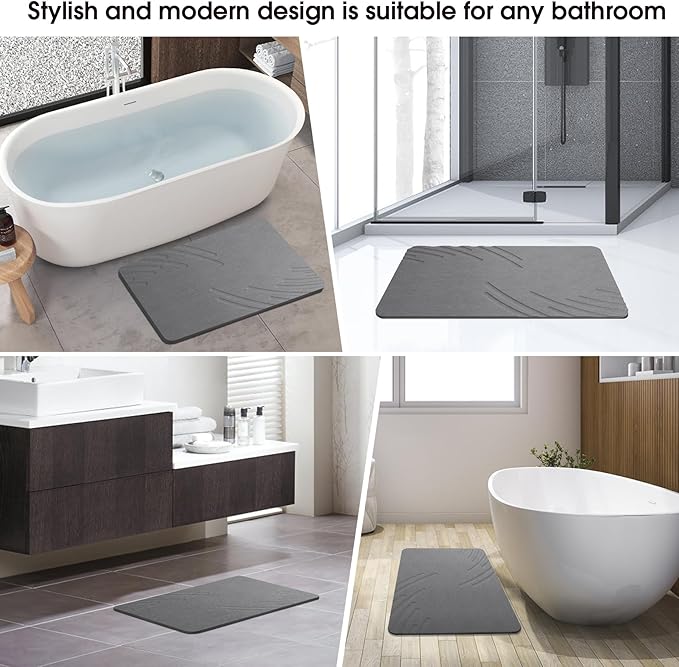 ZIKIBL Stone Bath Mat Diatomaceous Earth Shower Mat Non-Slip Super Absorbent Diatomite Stone Mats for Bathroom Floor/Ktichen Cuonter Quick-Drying Easy to Clean (24''*16'' Grey-Feather)