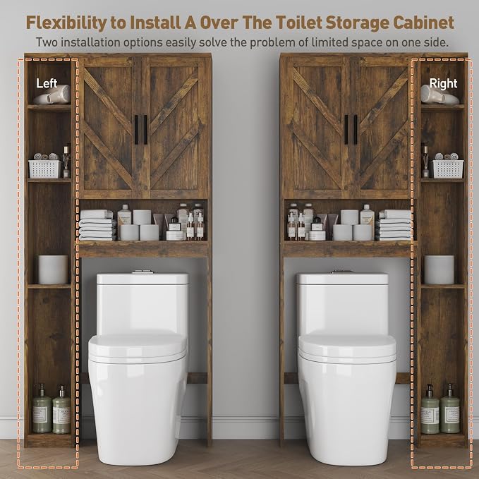 Over The Toilet Storage Cabinet with 7 Storage Shelves, Above Toilet Bathroom Organizer with Toilet Paper Holder Stand, Behind Toilet Cabinet, Space Saver for Restroom, Bathroom, Laundry, Brown