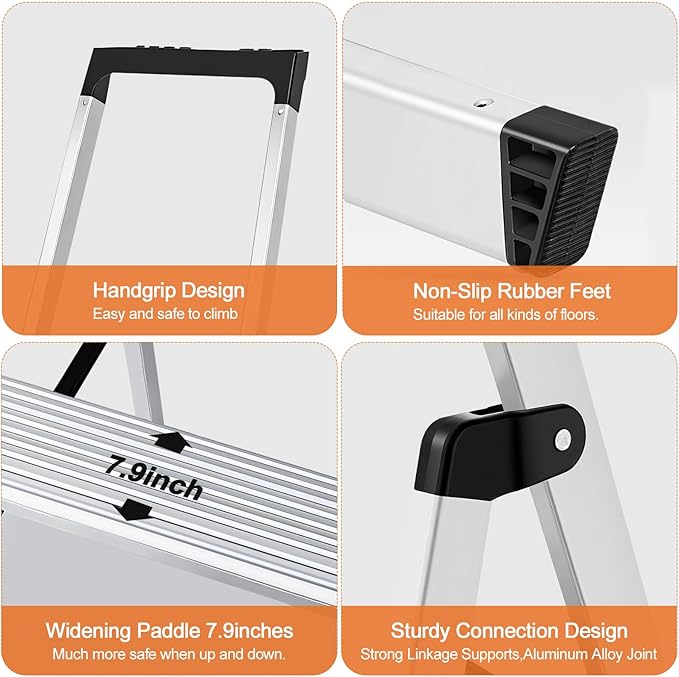 Sweetcrispy 6 Step Ladder, 330lbs Folding Step Stool with Anti-Slip Wide Pedal,Tool Tray, Aluminum Stool Ladders, Safety Household Ladder for Home Kitchen Courtyard Outdoor