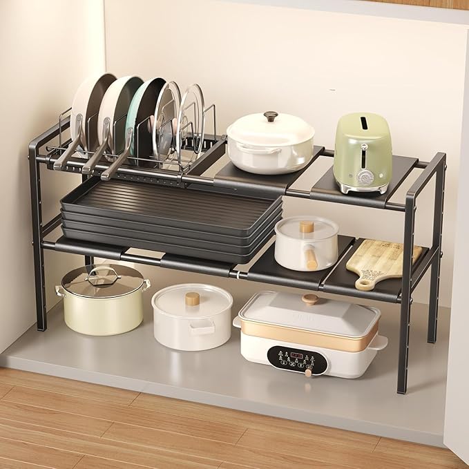 Mustorn Pots and Pans Organizer Under Cabinet, Expandable 2 Tier Under Sink Organizers and Storage Adjustable Height Kitchen Pot and Pan Lid Holder Rack with 6 Dividers(6panels,1 Pot rack, Black)
