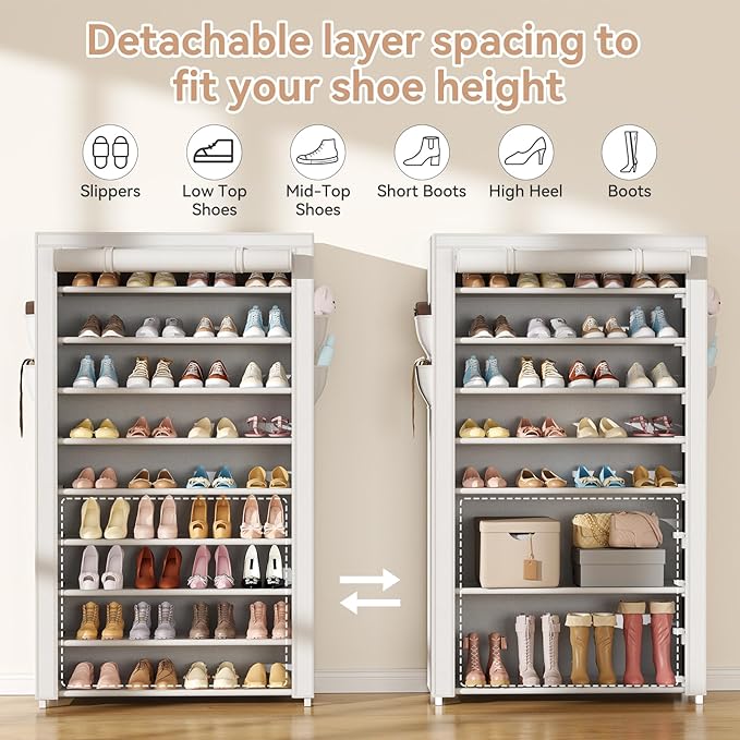 LANTEFUL Shoe Rack with Covers 10 Tier Tall Shoe Rack Organizer Large Capacity Shoe Shelf Storage 40 Pairs Space Saving Free Standing Shoe Storage Organizer for Closet, Entryway, Dorm, White