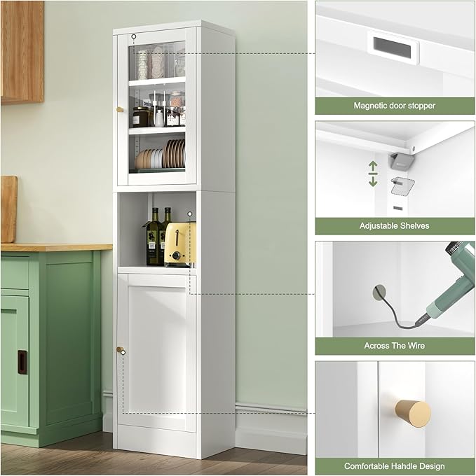 Bevivog Tall Bathroom Storage Cabinets, Slim Metal Cabinet with Open Shelf, Glass Display Door Freestanding Narrow Storage Organizers for Small Spaces, White Skinny Cabinets for Pantry, Living Room