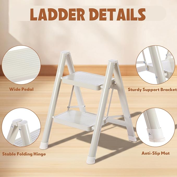 2 Step Ladder Lightweight Portable Folding Step Stool with Anti-Slip Wide Pedal 330lbs Capacity Carbon Steel Ladder for Household,Office,Library(White)