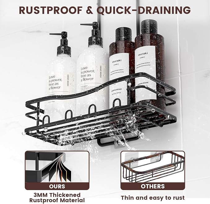 REINHARDT Shower Caddy Hanging, Rustproof Shower Caddy Anti-Swing Shower Organizer Over Showerhead No Drilling Shower Racks with Soap Holder Multi Hooks Bathroom Storage for Shampoo Sponge, Black