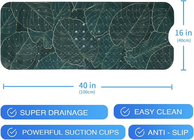 Palm Leaves Bathtub Mat Non Slip 40x16in Palm Leaf Extra Long Bath Mat for Tub Tropical Banana Leaf Plant Anti Slip Shower Mat for Bathroom with Large Drain Holes Suction Cups Quality Bath Mats Decor