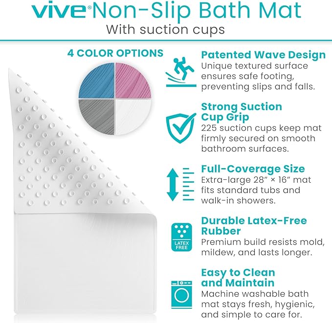 Vive Non-Slip Bath Mat with Suction Cups - 28" x 16" Extra Large Rubber Mat for Safety & Comfort - Patented Grip Prevents Slips and Falls for Kids, Elderly, Men, Women - XL Non Skid Shower & Tub Cover