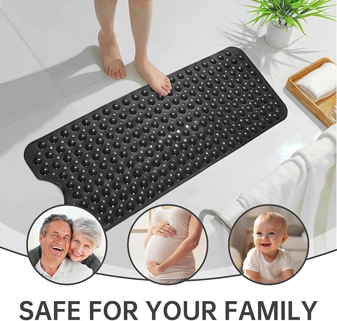 Tree Bud Bathtub Mats for Shower Tub Non-Slip Bath Mat 39 x 16 Inch Extra Long Shower Mat, Bath Tub Mat for Bathroom with Machine Washable, BPA Free for Kids (Black)