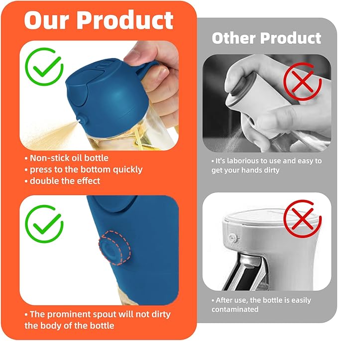 TrendPlain 16oz/470ml Glass Olive Oil Sprayer for Cooking – 2 in 1 Olive Oil Dispenser Bottle for Kitchen Gadgets and Air Fryer Accessories, Salad, BBQ - Black & Navy