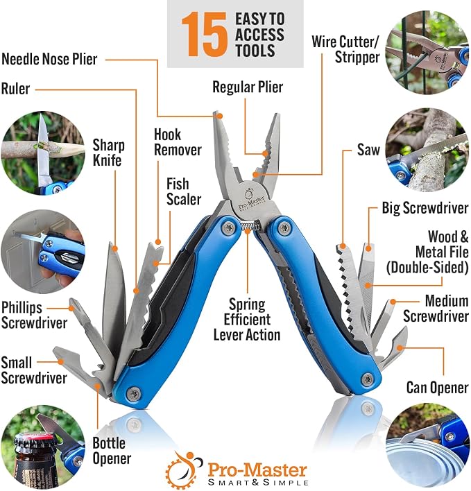 15-in-1 Multitool with Safety Locking, Stainless Steel Pocket Knife & Pliers, Compact EDC Multi Tool for Camping, Hiking, Fishing, Outdoors, Survival, Gift for Men, Father, Husband, Boyfriend