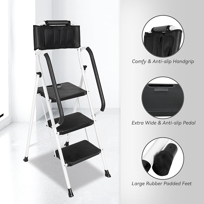 3 Step Ladder with Handrails & Attachable Tool Bag, 500 lbs Folding Step Stool Ladder, Wide Non-Slip Pedal for Kitchen Pantry Home Office, White