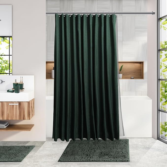 Clara Clark Bathroom Accessories Set - 27PC Bathroom Set with Adhesive Corner Shower Caddy Hanging, Bathroom Sets with Shower Curtain and Rugs, Hunter Green Shower Curtain Set with Bathroom Trash Can