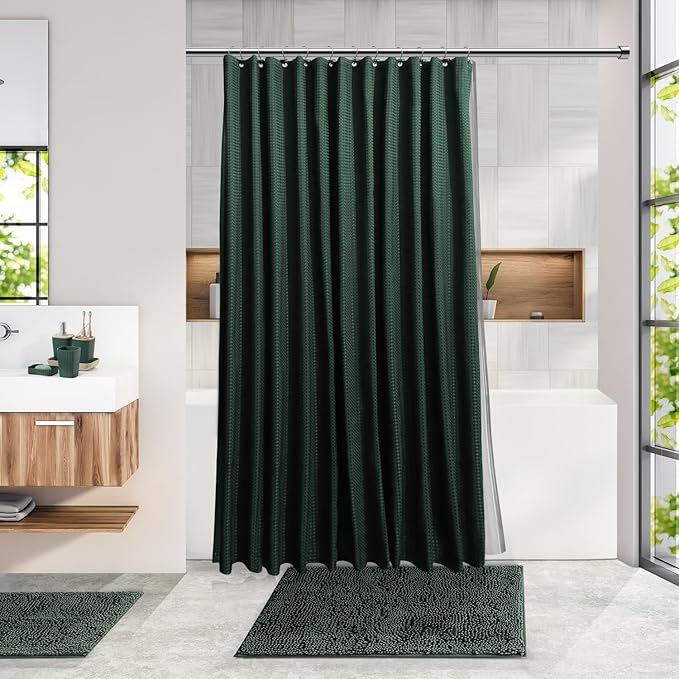 Clara Clark Bathroom Accessories Set - Bathroom Set with Adhesive Corner Shower Caddy Hanging, 25PC Bathroom Accessory Set, Hunter Green Shower Curtain Set, Toilet Brush, Trash Can & Soap Dispenser