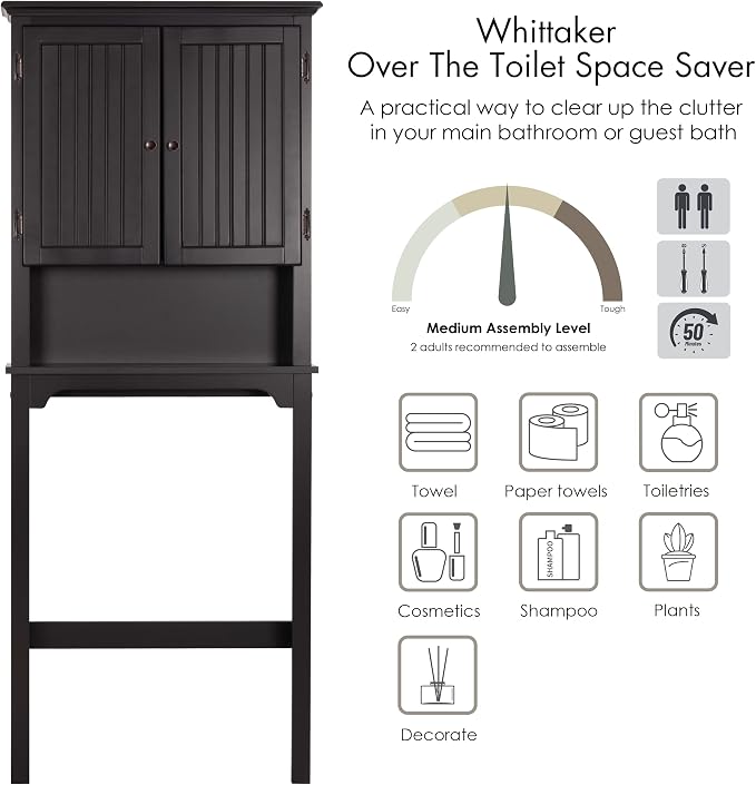 UTEX Above The Toilet Storage Cabinet, Over Toilet Bathroom Organizer with Adjustable Shelves and Double Doors, Espresso