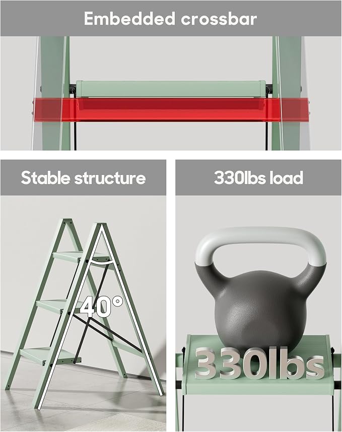 HillhutApex 3 Step Ladder, Lightweight Portable 3 Step Stool with Anti-Slip Wide Pedal, 330lbs Capacity Aluminum Ladder for Household,Office,Kitchen(Pale Green)