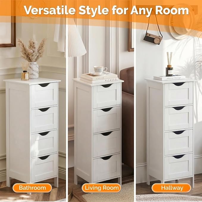 Bonnlo Skinny Bathroom Floor Storage Cabinet,White 12 Inch Wide Deep Small Storage Organizer with 4 Drawers, Wooden Modern Thin Free Standing Tower Cabinet w/ 4 Cute Drawers for Bathroom, Living Room