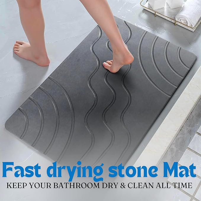 Stone Bath Mat Quick Drying Diatomaceous Earth Bath Mat Non Slip Shower Mat Super Absorbent Stone Bath Mats for Bathroom, Floor, Kitchen Counter, Easy to Clean (23.6” X 15.3”, Dark Gray)