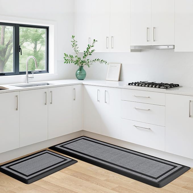 KitchenClouds [2 PCS] Kitchen Rugs Cushioned Anti-Fatigue Kitchen Mats for Floor Waterproof Kitchen Rug Set Non-Slip Comfort Standing Mat for Office, Sink, Laundry 20"×30"+20"×47",Black