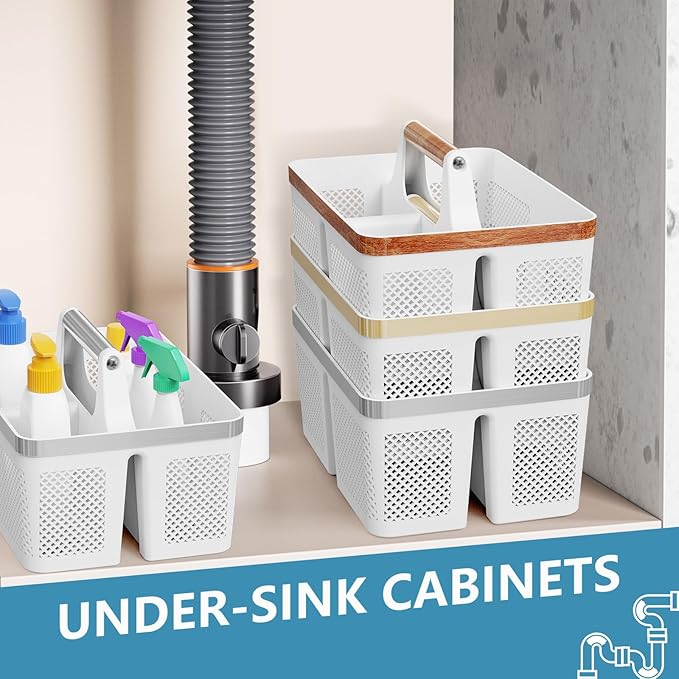 BYUNER Plastic Shower Caddy Dorm: Portable Bathroom Caddy Organizer with Handle and Holes, Cleaning Basket, Hard Shower Basket Storage Tote for Toiletry, College Dorm Room Essentials White/Silver