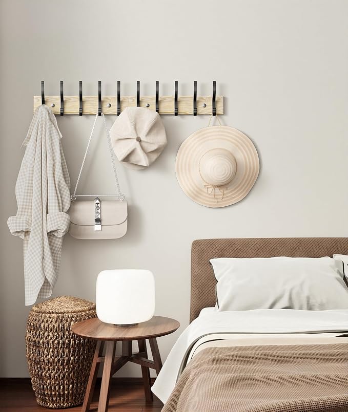 Optish 2 Pack Wooden Coat Rack Wall Mount, 16.1" Rustic Coat Hanger Hooks with 10 Double Hooks, Wall Coat Rack for Hat, Clothes, Bags, Jacket, Natural Wood