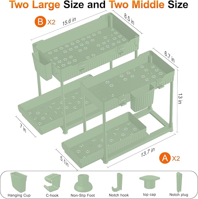 Sevenblue Under Sink Organizer, Bathroom Organizers and Storage, 2 Tier Multi-Use Pull Out Cabinet Organizer with Hang Hooks and Cups (Green, 4 Pack)