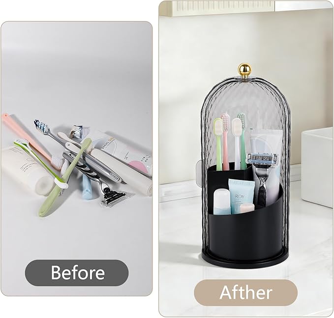 Toothbrush Holder with Cover for Bathroom Countertop, Rotating Organizer for Electric Tooth Brush and Toothpaste, 3-Slot Makeup Brush Storage, Self-Draining Vanity Counter Organizer, Black