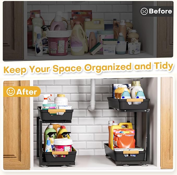 Homde 2-Tier Under Sink Organizer: 2pcs Set Adjustable Pull Out Drawer Undersink Cabinet Storage Rack for Home Kitchen Bathroom