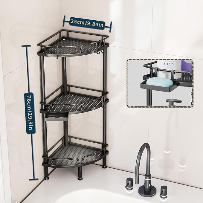 Consumest Corner Shower Caddy Stand - 3 Tier Shower Organizer with Soap Holder, Tall Floor Corner Shelves Standing with Adjustable Feet & 4 Hooks, Storage Rack for Bathroom Black
