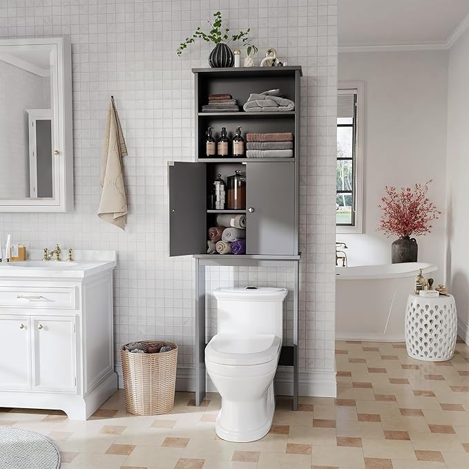 Over the Toilet Storage Cabinet for Bathroom, 75in Over Toilet Cabinet Freestanding Storage Organizer, Space Saver with Doors and Adjustable Shelf, Grey