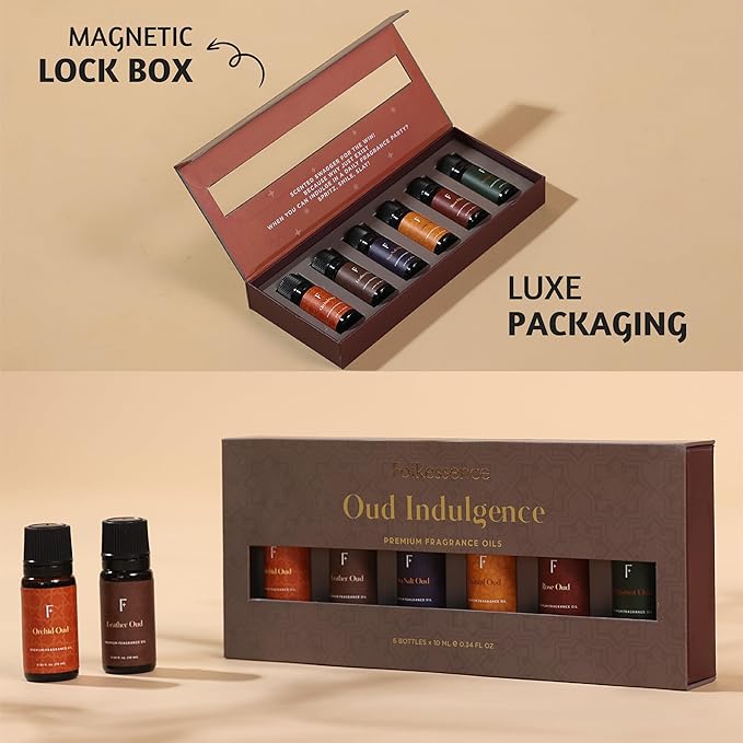 Folkulture Essential Oils Set for Diffuser | Set of 6 Luxury Floral & Oud Fragrance Oils | Orchid Oud, Rose Oud & Warm Sensual Blends | Fathers Day Gift & Home Fragrance Gift Set
