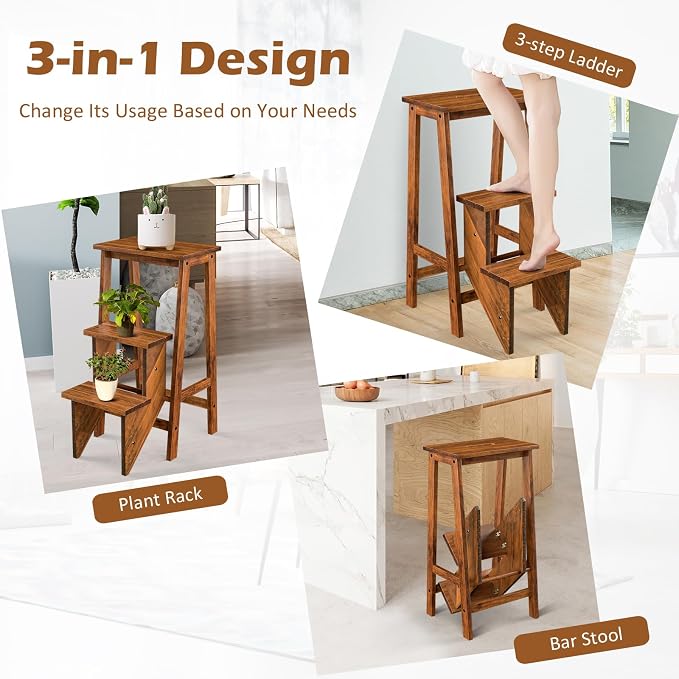 DORTALA 3 Tier Folding Step Stool, Rubber Wood Multifunctional Ladder Chair Bench, Portable Utility Seat, Flower Rack, 200 Lbs Capacity, Ideal for Library, Home (Brown)