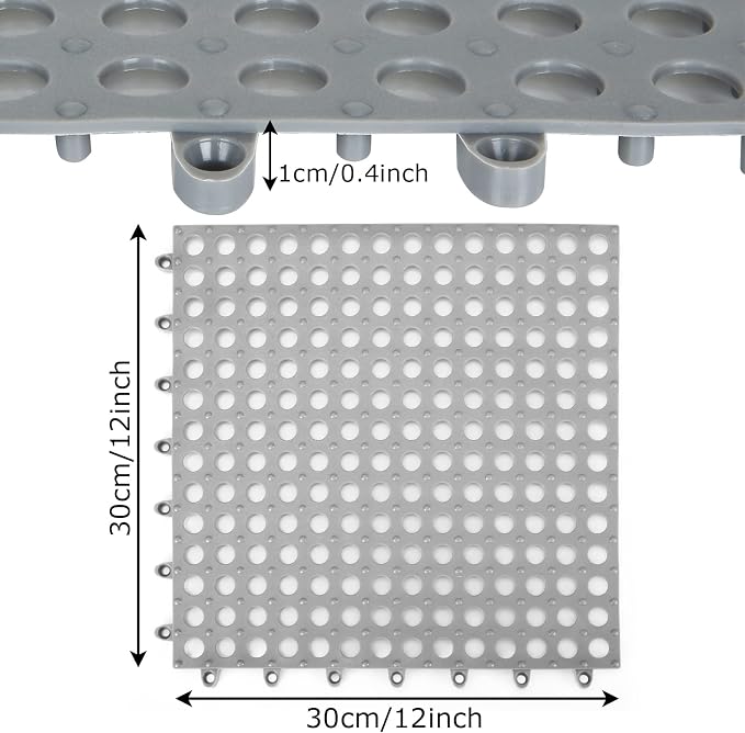 12 Pack 11.8" x 11.8" Interlocking Rubber Floor Tiles Soft PVC Non Slip Splicing Shower Floor Mat Pool Bathtub Drain Tiles for Flooring, Drainage Mats for Pool, Deck, Patio, Basement, Kennel, Poultry
