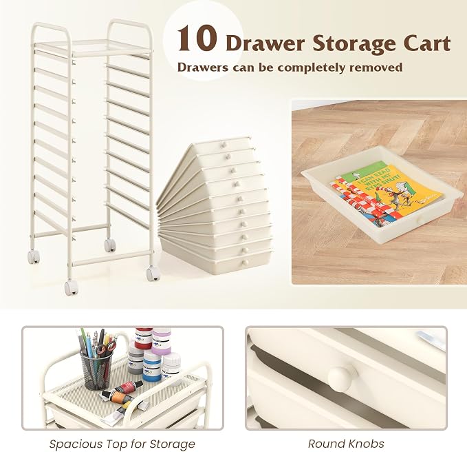 10-Drawer Rolling Storage Cart, Trolley w/Lockable 360° Wheels, 10 Removable PP Drawers, Sturdy Metal Frame, Rolling Utility Cart Perfect for Home, Office, Classroom (Ivory)