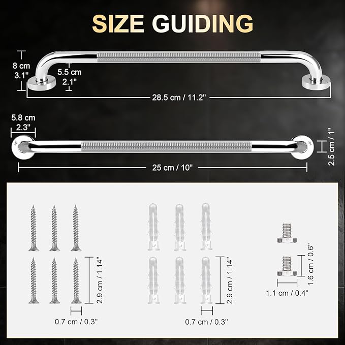 supregear Bathroom Grab Bar Rail, 304 Stainless Steel Non-Slip Bathroom Handle, Safety Handle, Indoor/Outdoor Auxiliary Handle for Kitchen Bedroom Bathtub, Shower and Steps, 10 inch