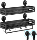 Suction Cup Shower Caddy, 15.7 inch Extended Version, 5 Hooks & Towel Rrack, No Drilling Required, Rust-resistant Bathroom Shower Organizer,with 2 Extra Suction Cups for Replacement Use(2Pack-Black)