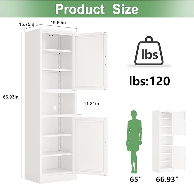 Ckzbx Tall Narrow Storage Cabinet 66.93" H Tall Bathroom Cabinet Metal Pantry Cabinets, 4 Adjustable Shelves for Kitchen, Home Office, Living Room, Dinning Room (20 inches Wide White)