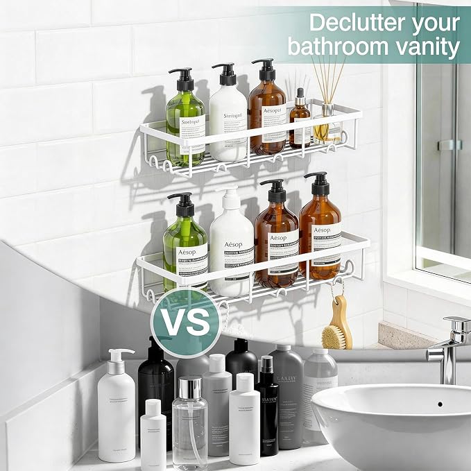 White Shower Caddy Organizer, 2 Pack Adhesive Shampoo Holder Basket Shelves for Storage and Organization, Wall Suction Bath Bathtub Rack Set for RV Camper, Bathroom Restroom Decor and Accessories