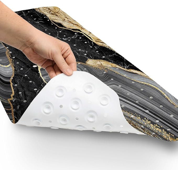 Bathtub Mat Non Slip, 40x16 inch Bath and Shower Safety Mats, Black Marble and Golden Veins Tub Mat for Bathroom, Tub Shower Mat with Drain Holes and Suction Cups