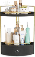 2-Tier Corner Bathroom Counter Organizer with Drawer & Embedded Screw Holes - Wooden Countertop Organizers for Skincare, Makeup Storage, Bathroom Sink Counter Shelf for Vanity, kitchen, Black Gold