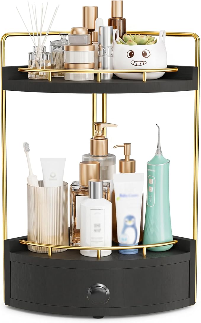 2-Tier Corner Bathroom Counter Organizer with Drawer & Embedded Screw Holes - Wooden Countertop Organizers for Skincare, Makeup Storage, Bathroom Sink Counter Shelf for Vanity, kitchen, Black Gold