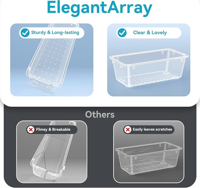 ElegantArray 24 PCS Drawer Organizer Set, 4 Sizes Tool Storage Trays, Clear Plastic Makeup Vanity Organizer and Storage Bins for Makeup, Stationeries, Multiple Gadgets for Bathroom, Office, Bedroom
