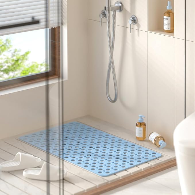 HITSLAM Bathtub Mat Non Slip, Soft TPE Bath Mat for Tub, Efficient Drainage Bathroom Shower Mat with Suction Cups, Bath Tub Mat, Easy to Clean, 28 x 15 Inch, Blue